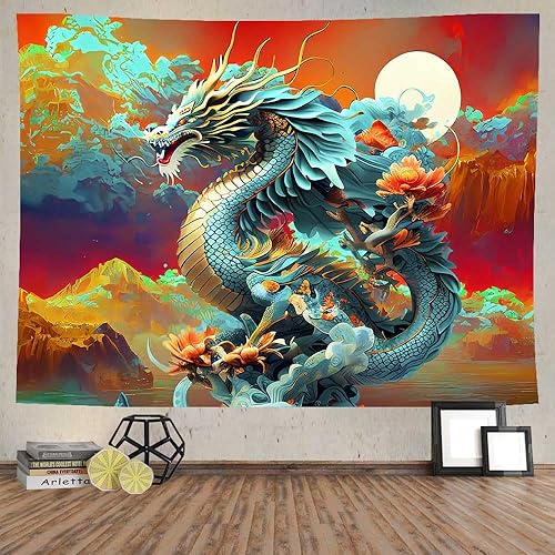 Ine Ive Tapiz de dragón japonés para colgar en la pared, 100 x 90 pulgadas, tapiz de anime asiático, luna, nube, montañas brumosas, acuarela,