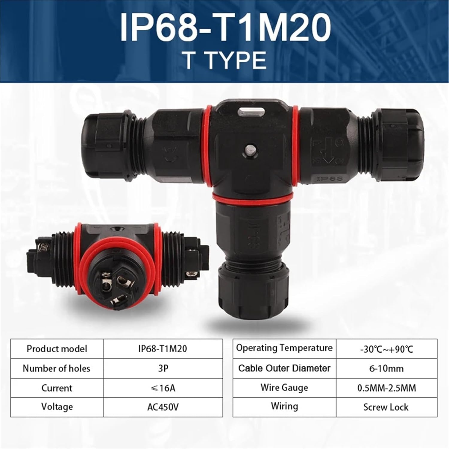 1PCS IP68 I/Y/T Shape M20/M25 Waterproof Connector 2/3/4/5 Pin Screw Terminal Adapter for 6-16mm Cable Outdoor Wire Connector(M20 T Type 3 Pin)