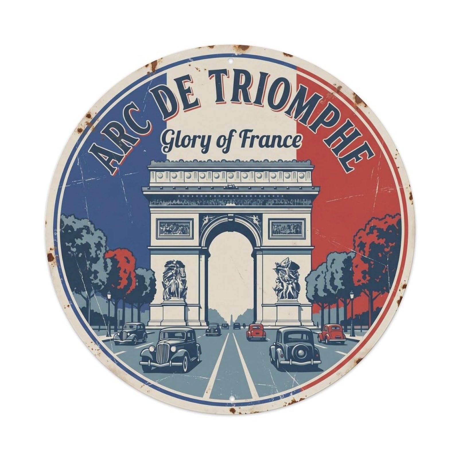 Vintage Travel Arc Triomphe Paris 1 Metal Tin Sign Plaque Wall Decor for Cafe, Club, Garden Round Metal Poster 8x8Inch