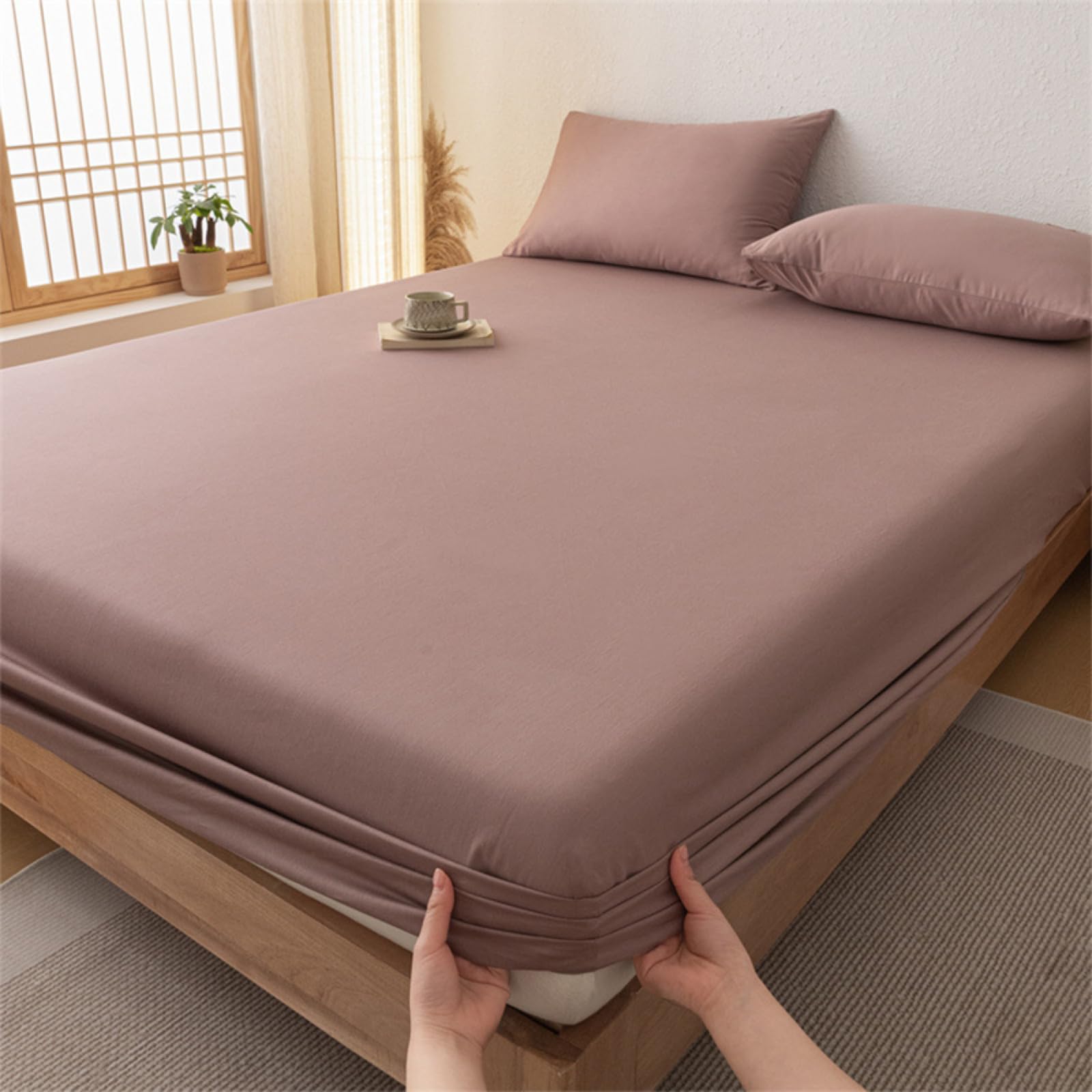 Juego de sábanas para cama de matrimonio, 100 % algodón egipcio, 150 x 200 cm, sábana bajera ajustable extra profunda de hasta 27 cm, fácil cuidado, incluye 2 fundas de almohada