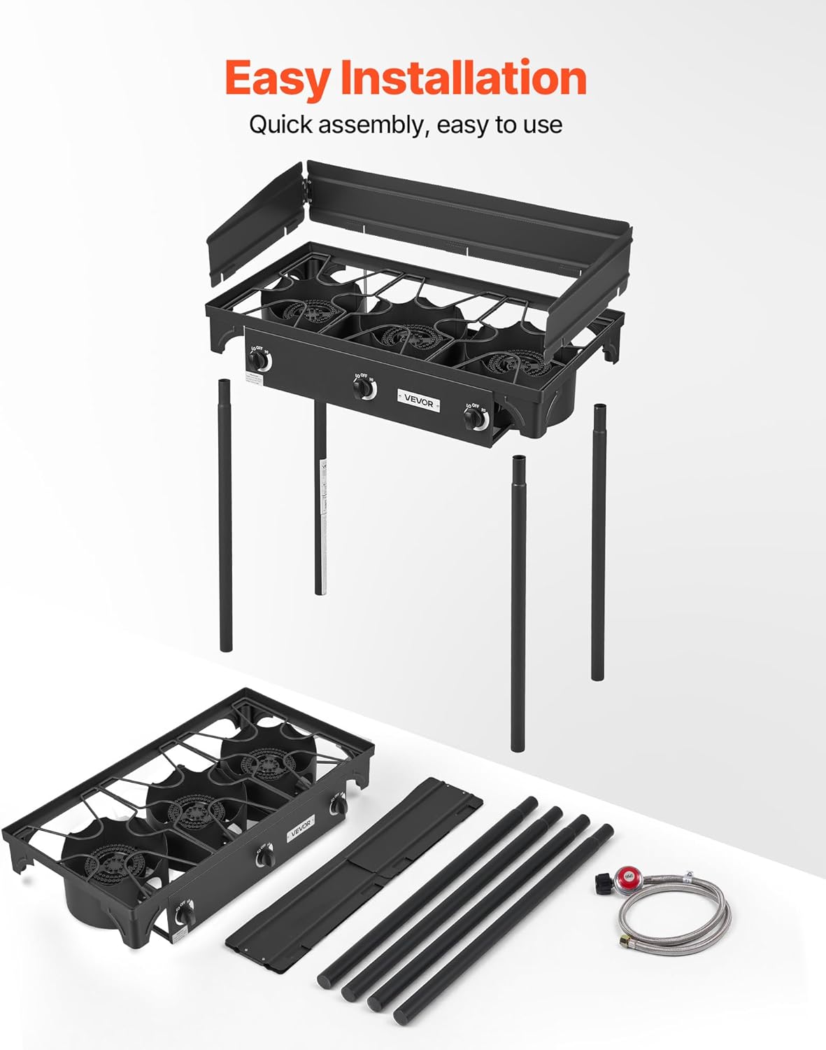 VEVOR 3 Burner Outdoor Propane Gas Stove, 225,000 BTU Propane LPG Gas Camping Stove, Heavy-duty Carbon Steel Outdoor Cooker, with Shield & Tall Stand & Regulator, for BBQ Camp Home Patio Backyard