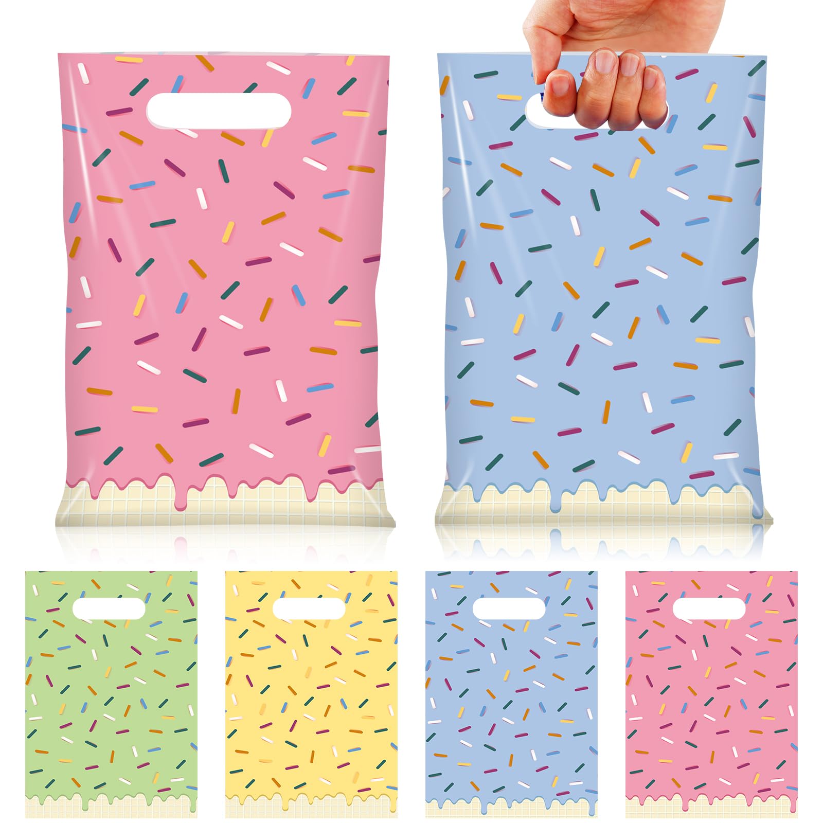 Hallswl 50pcs 4 Color Ice Cream Party Favor Plastic Treat Bags | Ice Cream Candy Bag, Sprinkles Goodie Bag for Icecream Theme party decorations and Summer Birthday Party Supplies