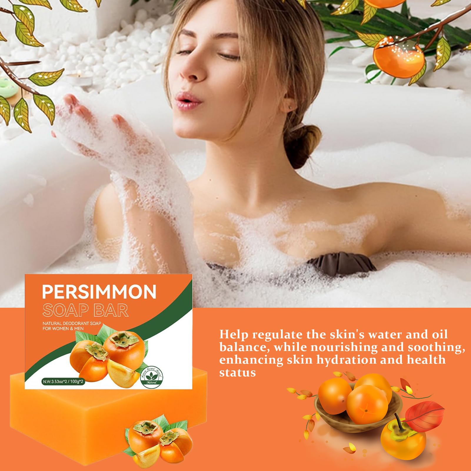 Naturalne mydło persimmon 2 x 100 g, rozjaśniające skórę mydło do mycia ciała z naturalnym neutralizującym zapachy, dla kobiet i mężczyzn, delikatne czyszczenie