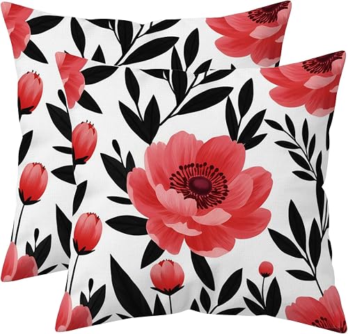 Doobicy 2Sets Floral Pillow Cover 18x18 Double Sided Print Red Flowers