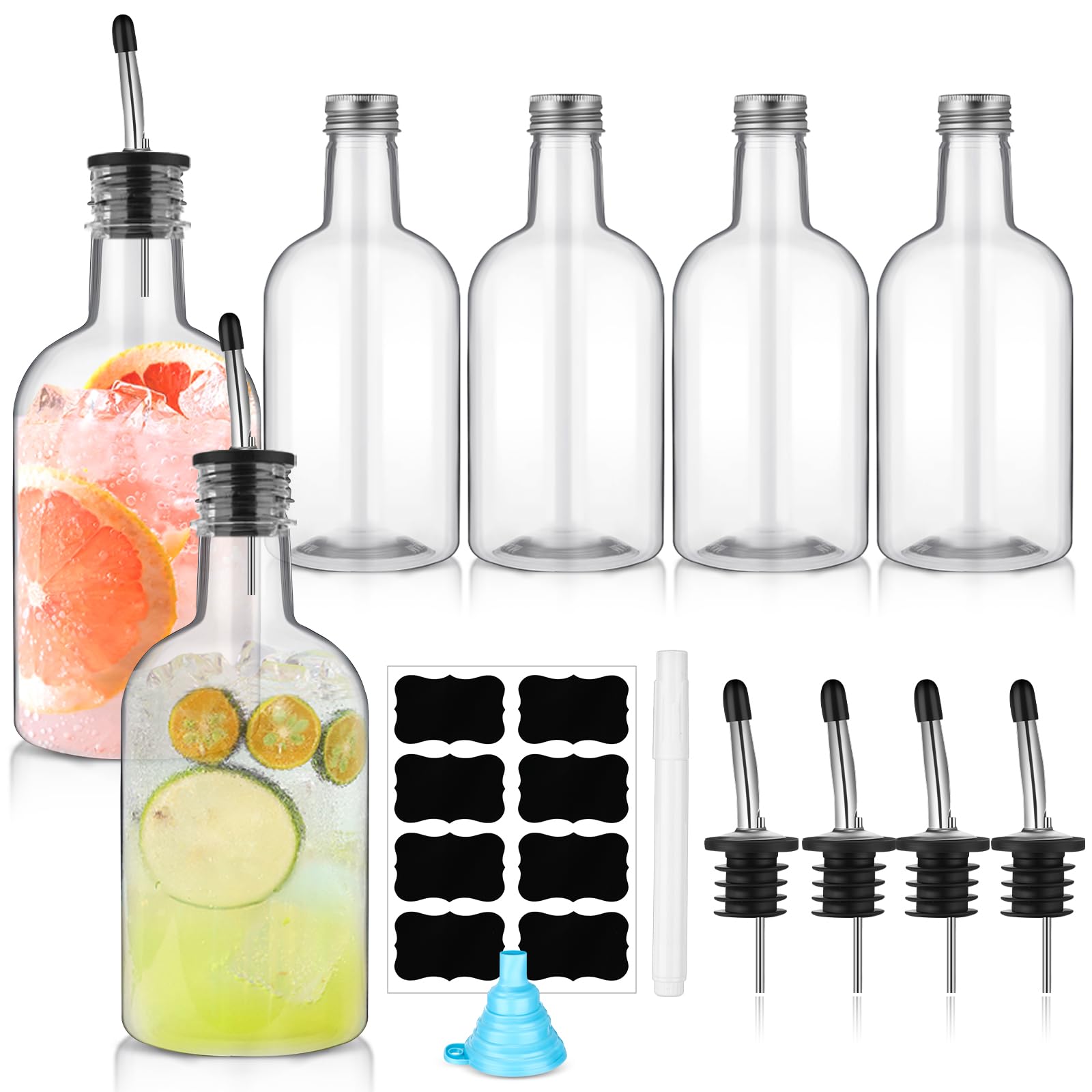 Photo 1 of Maxcheck 6 Sets 16 oz Plastic Long Neck Bottles with Pourer and Caps Plastic Juice Pour Bottles with Stainless Steel Bottle Pourer Tapered Spout for Liquor Juice Store Syrup