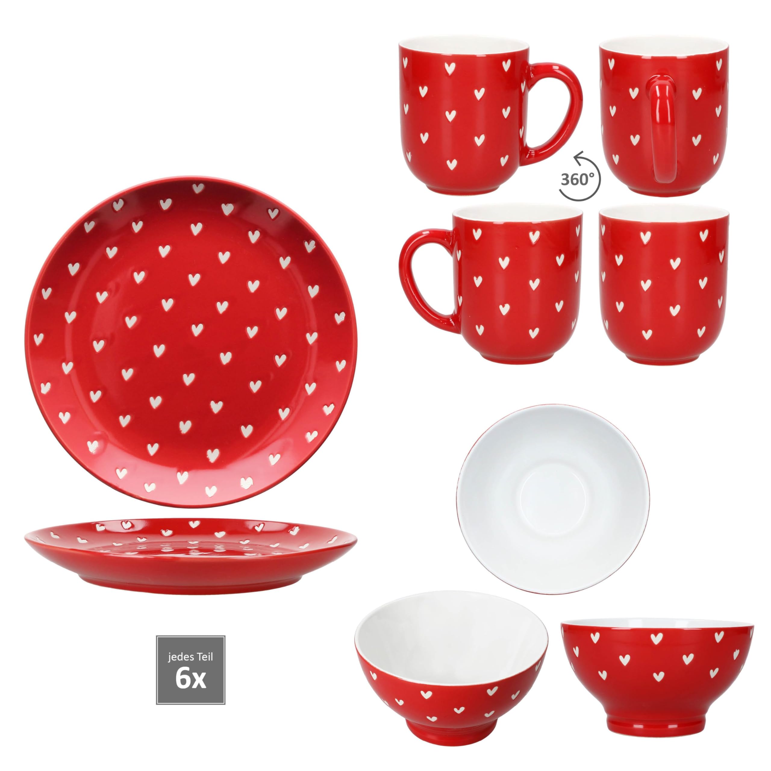 MamboCat Love 18tlg Frühstücksset I 6X Kuchenteller Ø19,5cm, 6X Müslischalen 500ml 6X Kaffeebecher 300ml I Porzellan Geschirr rot mit weißen Herzen I für Frühstück & Kaffeezeit