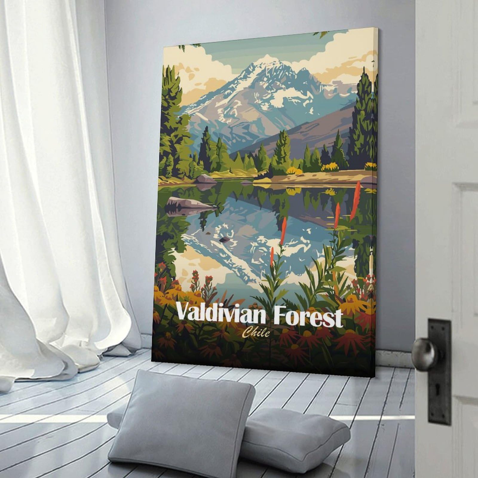 Junmoney Valdivian Forest Chile Landscape Illustration Canvas Art Print, 08x12inch(20x30cm), for Restful Interiors, Bedrooms Or Small Rooms, A Warm Accent for Relaxed Interiors