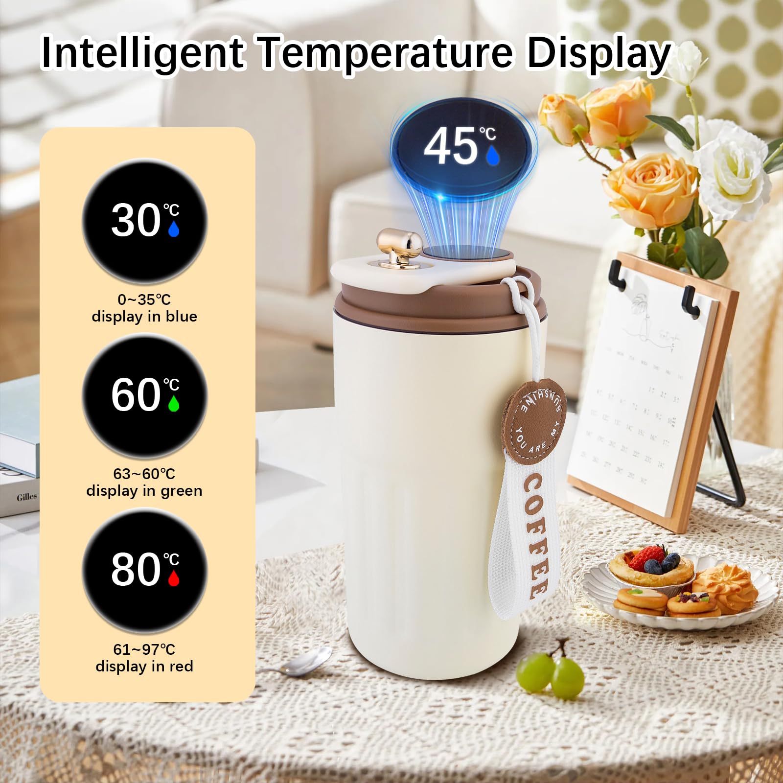 Edelstahl-Kaffeebecher mit Temperaturanzeige, Reise-Kaffeetasse, intelligenter isolierter Reise-Kaffeebecher, Sommer, Kühlaufbewahrung, tragbarer Kaffeebecher für Auto (Weißbraun)