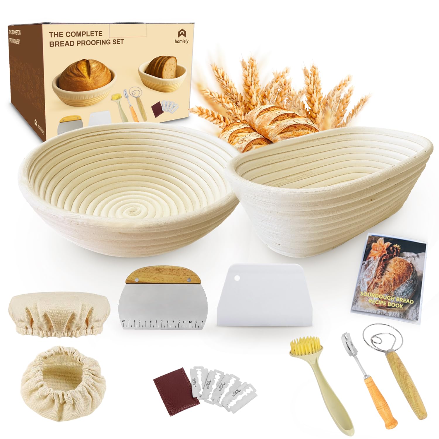 Homiely Natural Sourdough Starter Kit, 15 Piece Bread Proofing Basket Set With 10" Oval & 9" Round Rattan Banneton Baskets, Bread Lame, Danish Dough Whisk, Bowl Scraper & Linen Liners