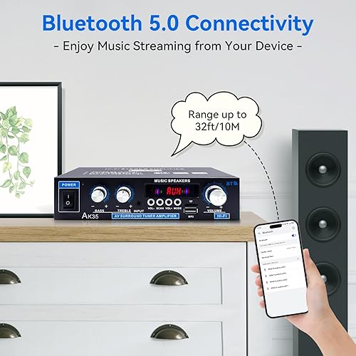 Miniatura 4 de Receptores de amplificador de audio para el hogar 200 W Bluetooth 5.0 RMS 30 W x 2 AK35 Receptor estéreo para altavoces Amplificador de potencia de