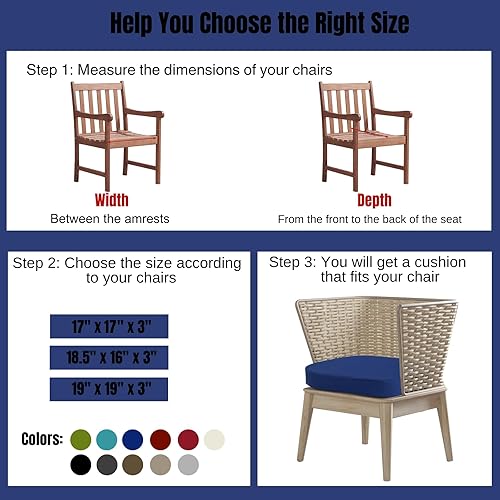 Miniatura 4 de idee-home Juego de 2 cojines para sillas de exterior, 17 x 17 x 3 pulgadas de grosor, en forma de D, cojines de asiento impermeables con lazos,