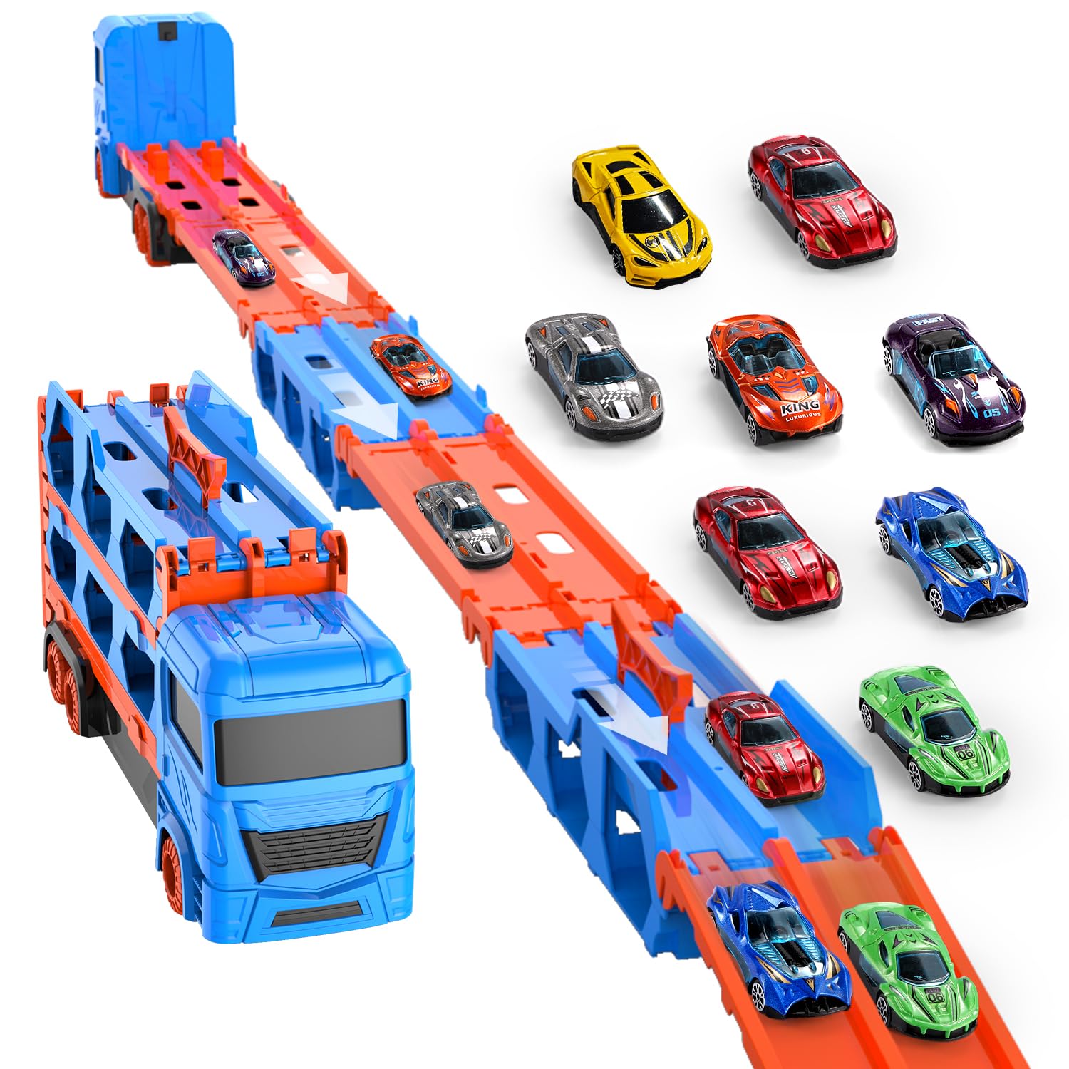 Camion Jouet avec 8 Voitures,Voiture Jouet pour Enfants de 3,4,5,6,7,8+Ans,Garage,Camion de Transporteur Portable et Pliable avec Circuit de Course de 61 Pouces,Cadeau d'anniversaire Noël pour Garçons
