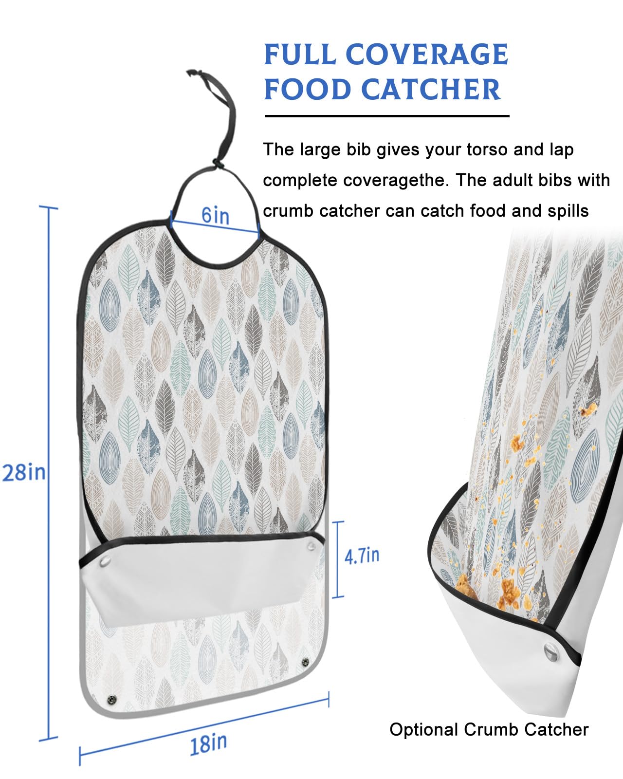 Kewadony Adult Bibs for Elderly Women - Colorful Geometric Leaves Waterproof Dining Clothing Protectors with Crumb Catcher for Eating/Feeding, Summer Tropical Terry Cloth Bib Machine Washable