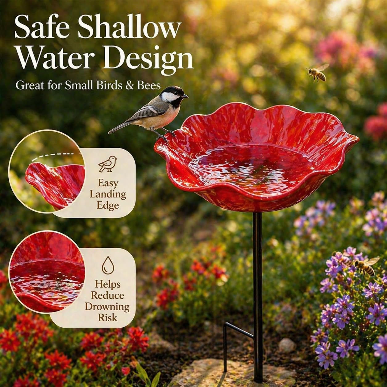 Metal Flower Garden Stake Bird Bath, Decorative Bee Watering Station with Shallow Bowl, Outdoor Iron Flower Stake for Garden, Patio, Backyard, Lawn, Red, 1 Pack (1 PC,Pink) image 3