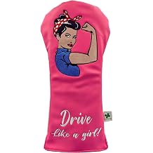 Foretra Drive Like a Girl Driver Headcover, Womens Golf Head Cover for 460cc Drivers, Pink Embroidered Design, Synthetic Leather, Fleece Lined, Center Elastic Fit, Golf Gift for Women
