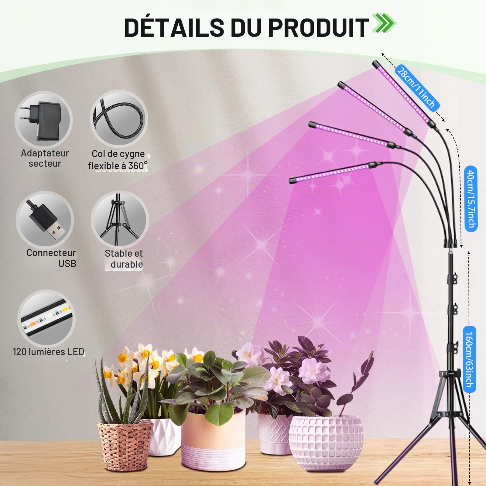 Anluomania Lampe LED pour plantes - 4 têtes - Spectre complet pour plantes d'intérieur - Avec adaptateur USB - 3 modes d'éclairage et 10 niveaux de luminosité - Minuterie automatique 4/8/12H