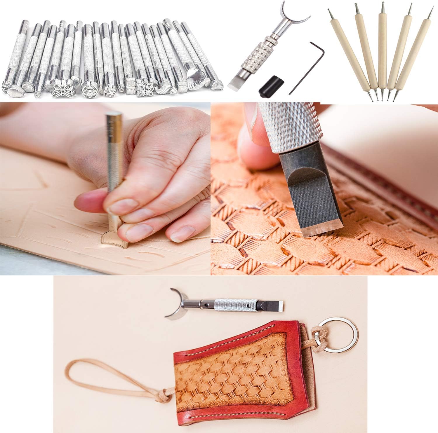 Dorhui Leather Working Tools Kit with Custom Storage Bag Leather Stamping Tools Leathering Craft Making for Cutting Punching Sewing Carving Stamping