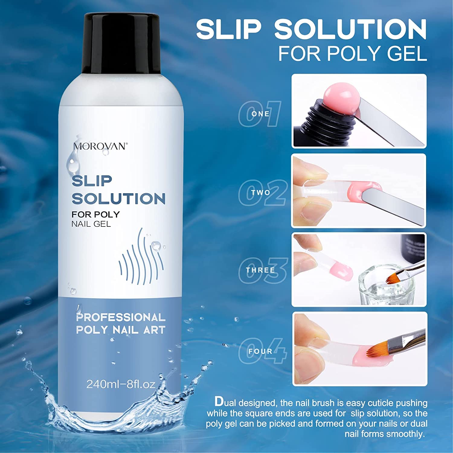 Morovan Slip Solution Poly Gel Big 8Oz 240ML Extension Nail Gel Slip Solution With Brush Anti-stick Gel Liquid Solution Bottle Cap as A Cup Poly Gel Solution Liquid Easy DIY Gel Solution at Home