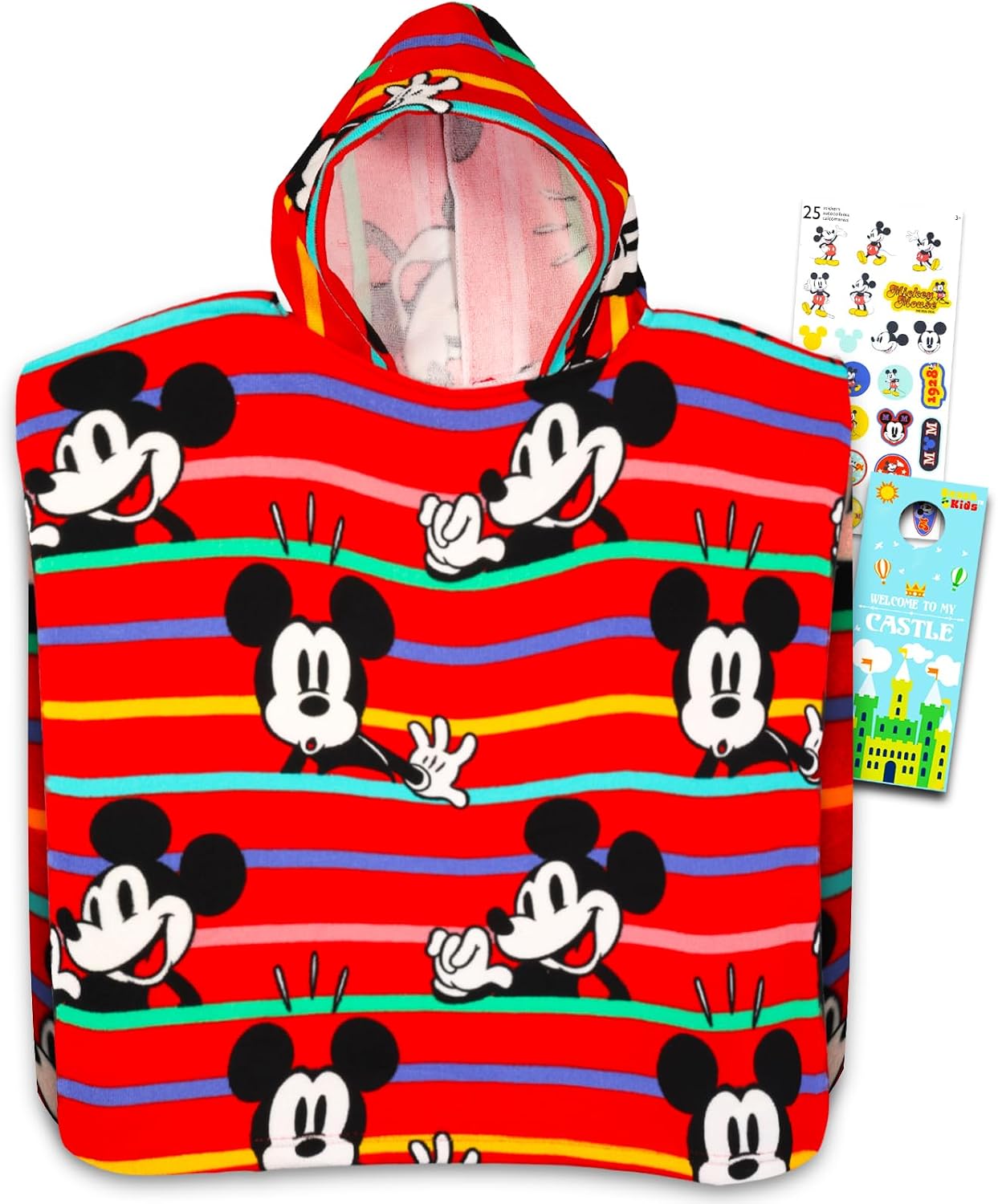 Mickey Mouse Hooded Towel Poncho for Toddlers Kids - Surf Poncho Bundle | Mickey Mouse Beach Towel with Hood Plus Stickers, More | Mickey Bathroom Set