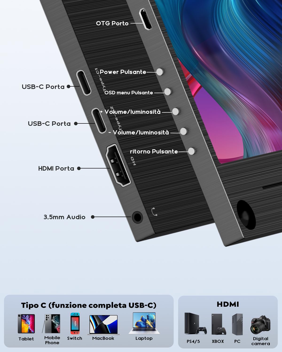 HONGO 4K Monitor Portatile, Schermo Portatile 15,6" 3840x2160 UHD 100% AdobeRGB 1500:1 Contrasto, Portable Monitor per Laptop PC Mac PS4/5/Xbox Phone, HDR Smart Display IPS, Supporto HDMI/Tipo C/USB C