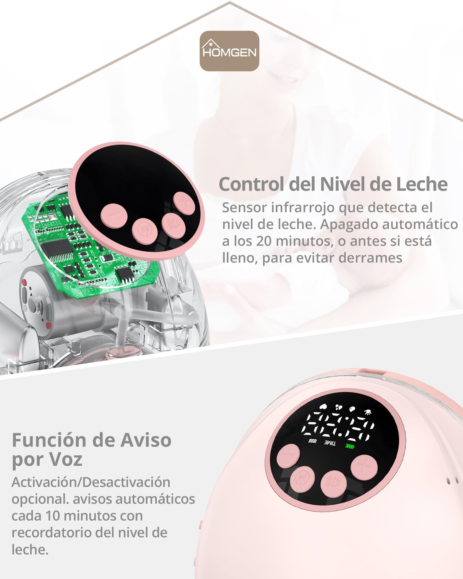 HOMGEN Sacaleches Eléctrico Manos Libres Portátil con Pantalla LED Extractor de Leche Materna Inalámbrico con 4 Modos y 12 Niveles Bomba de Lactancia Silenciosa Recargable para Casa Trabajo y Viaje