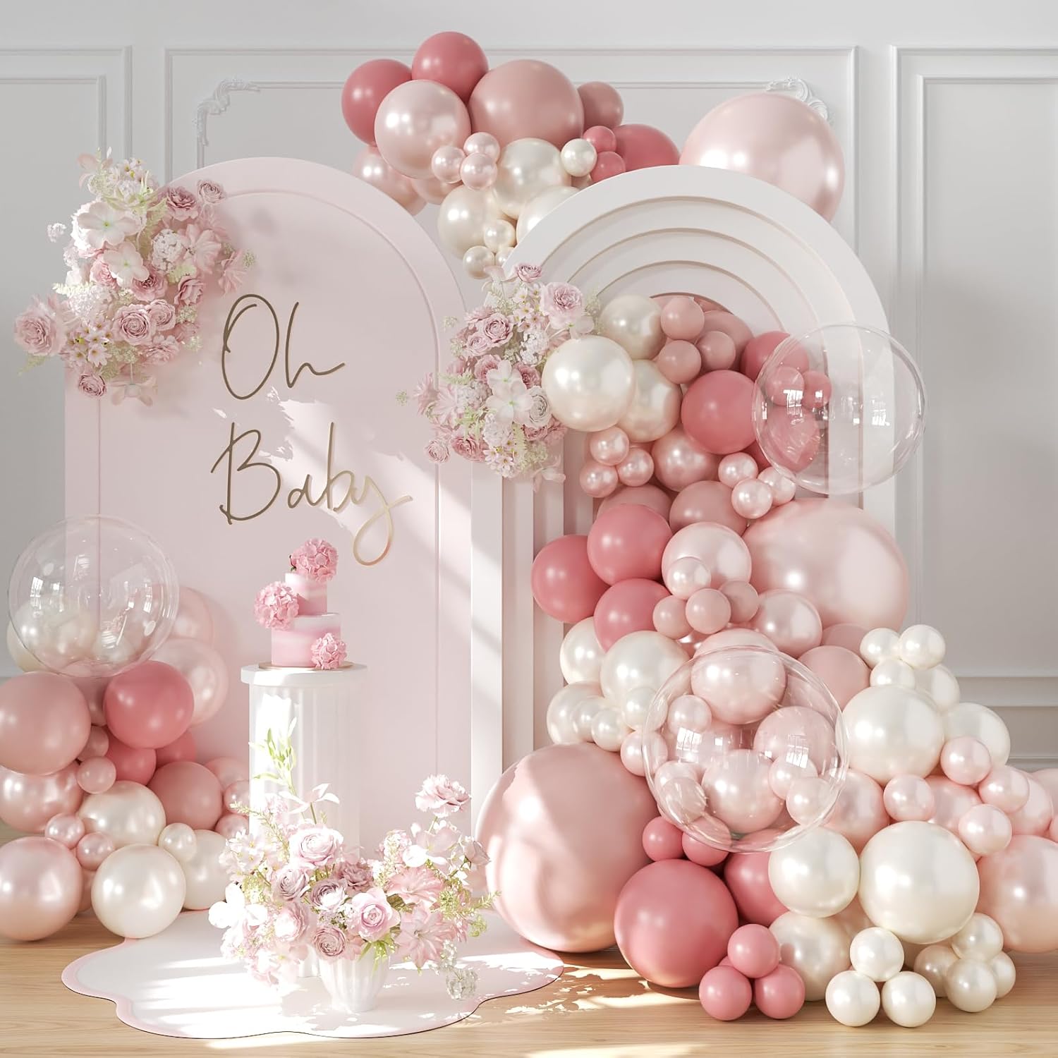 Dusty Pink Blush Balloon Arch Kit 108Pcs Double Stuffed Pearl pink White Balloons Pink Rose Blush Clear Balloons for Baby Shower Bridal Shower Wedding Birthday Party Decorations