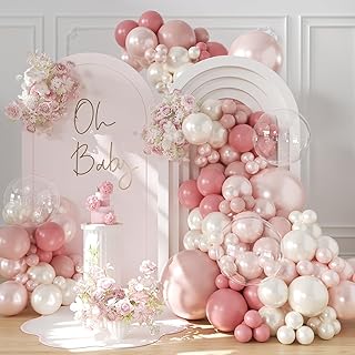 Dusty Pink Blush Balloon Arch Kit 108Pcs Double Stuffed Pearl pink White Balloons Pink Rose Blush Clear Balloons for Baby Shower Bridal Shower Wedding Birthday Party Decorations