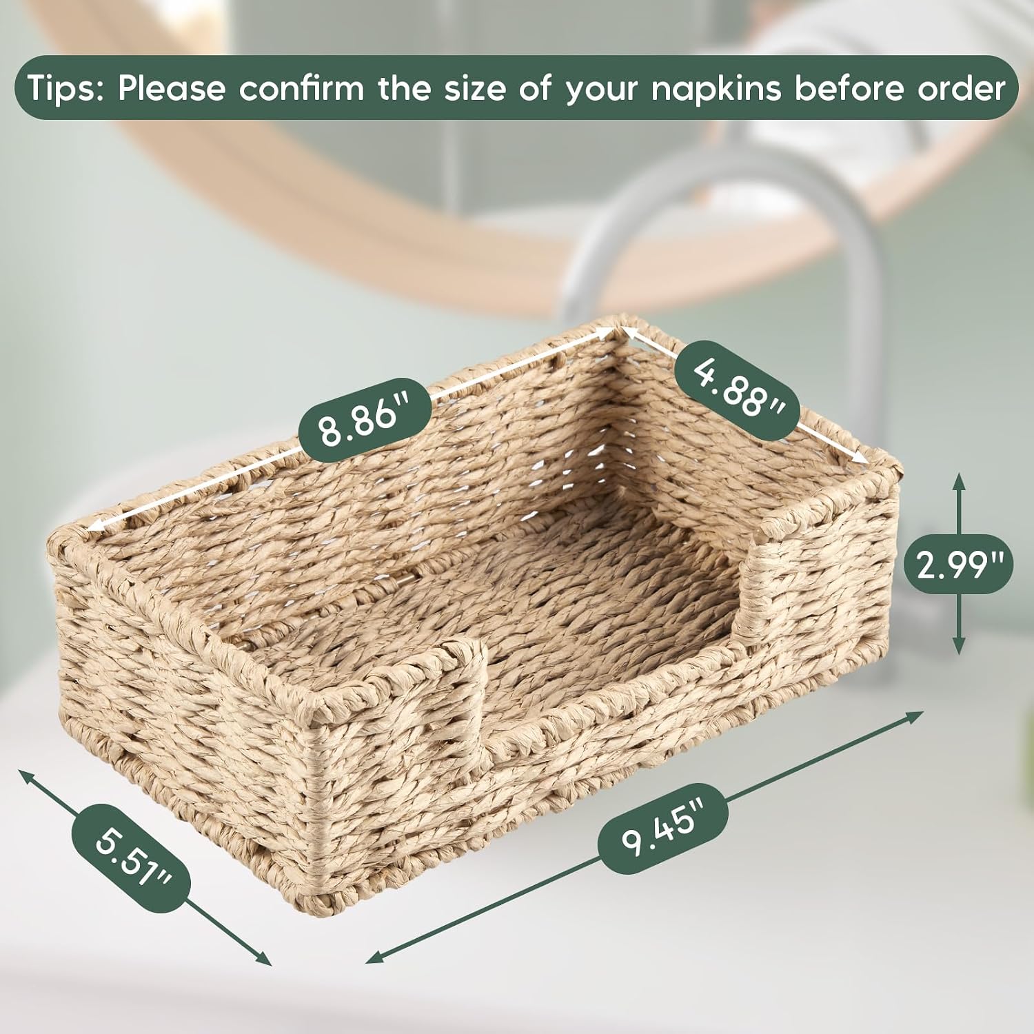 Napkin Holder for Bathroom, Woven Wicker Paper Rope Guest Towel Holder Tray, Disposable Paper Hand Towel Holder for Bathroom Accessories, Dinner Napkin Holder for Kitchen Table Party image 2