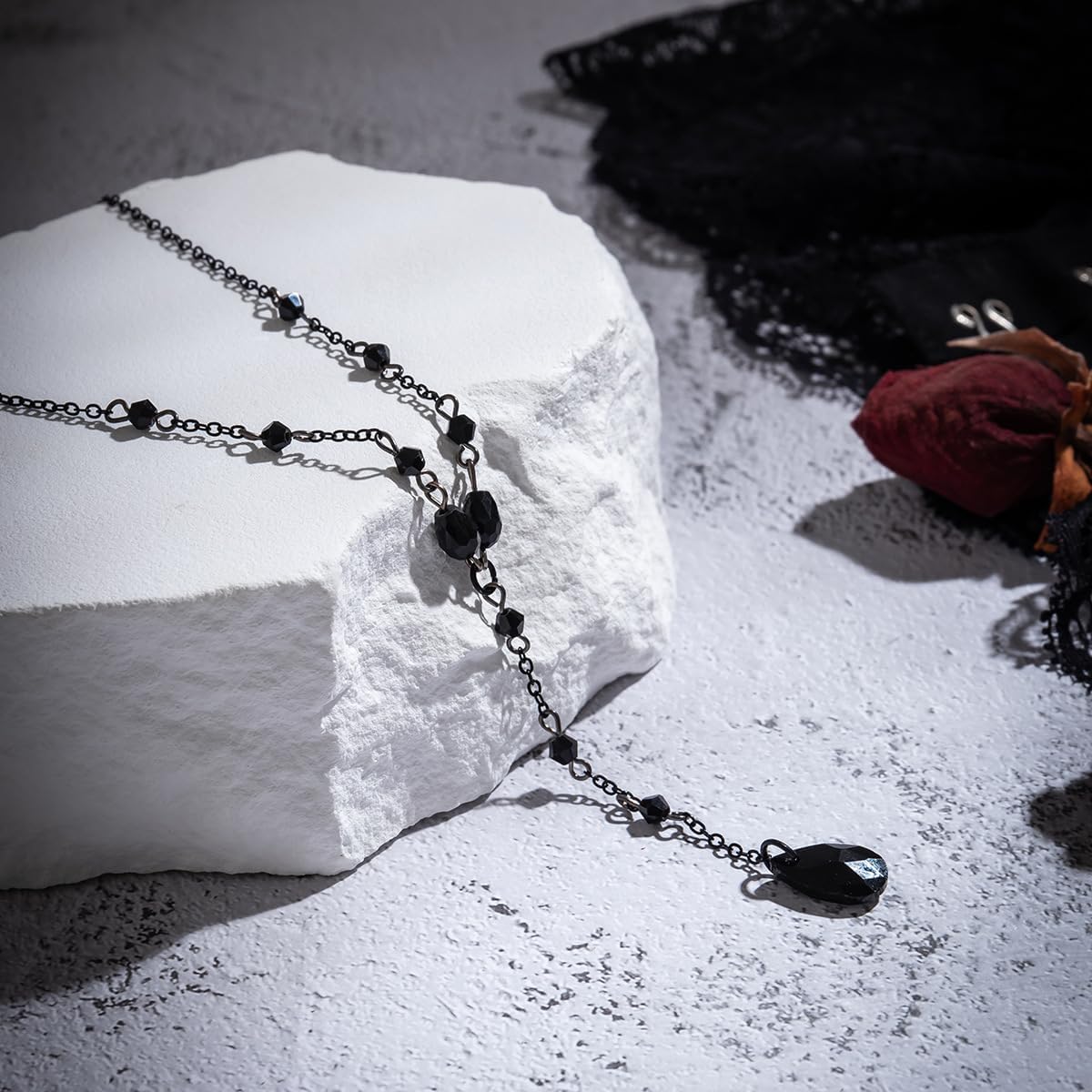 Gothic Earring Set Retro Blood Drop Tassel Necklace Black Red Crystal Bead Teardrop Punk Y Jewelry Set Vintage Halloween Christmas Jewelry for Women - Image 9