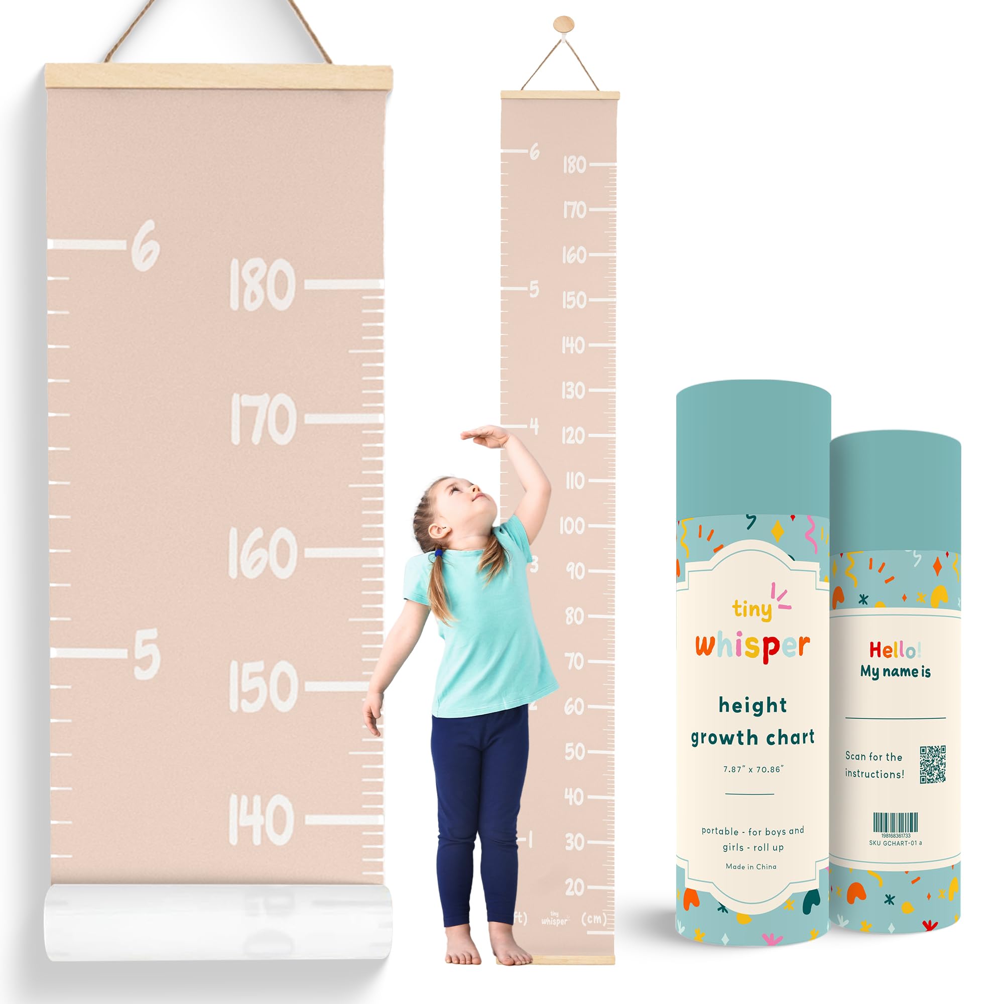 Growth Chart for Wall with Stickers, Marker, Hook Hanging Height Chart for Kids Neutral Kids Wall Decor for Boys & Girls - Easy to Install in Baby Room, Nursery, Playroom - Child-Safe- Beige