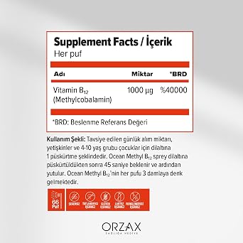 Ocean Methyl B12 1000 mcg Metilkobalamin içeren Dilaltı Sprey (1 x 10 mL)