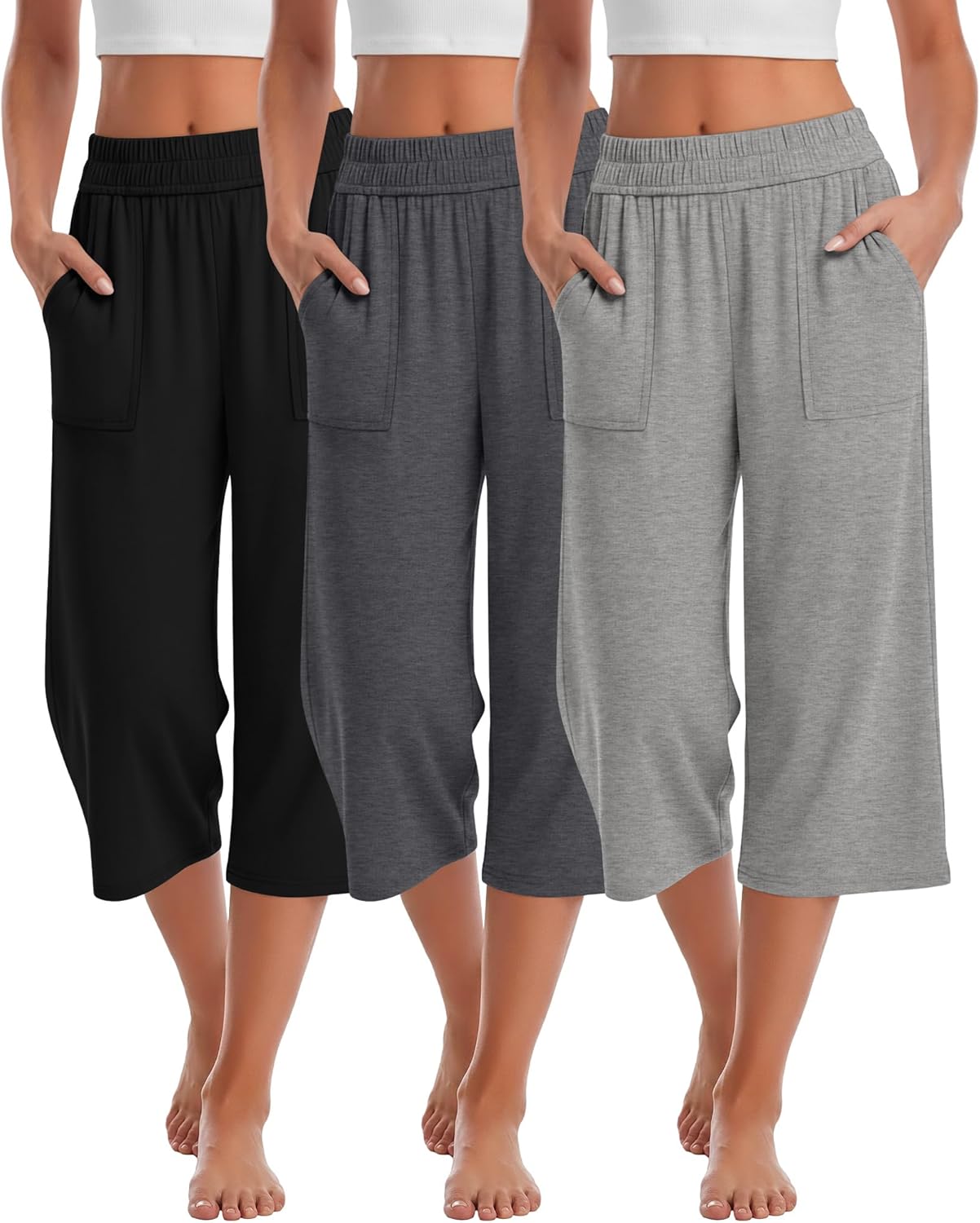 Neer 3 Pack Women's Capris Cotton Capri Sweatpants Cozy Wide Leg Casual Loose Cropped Lounge Jogger Yoga Pant with Pockets