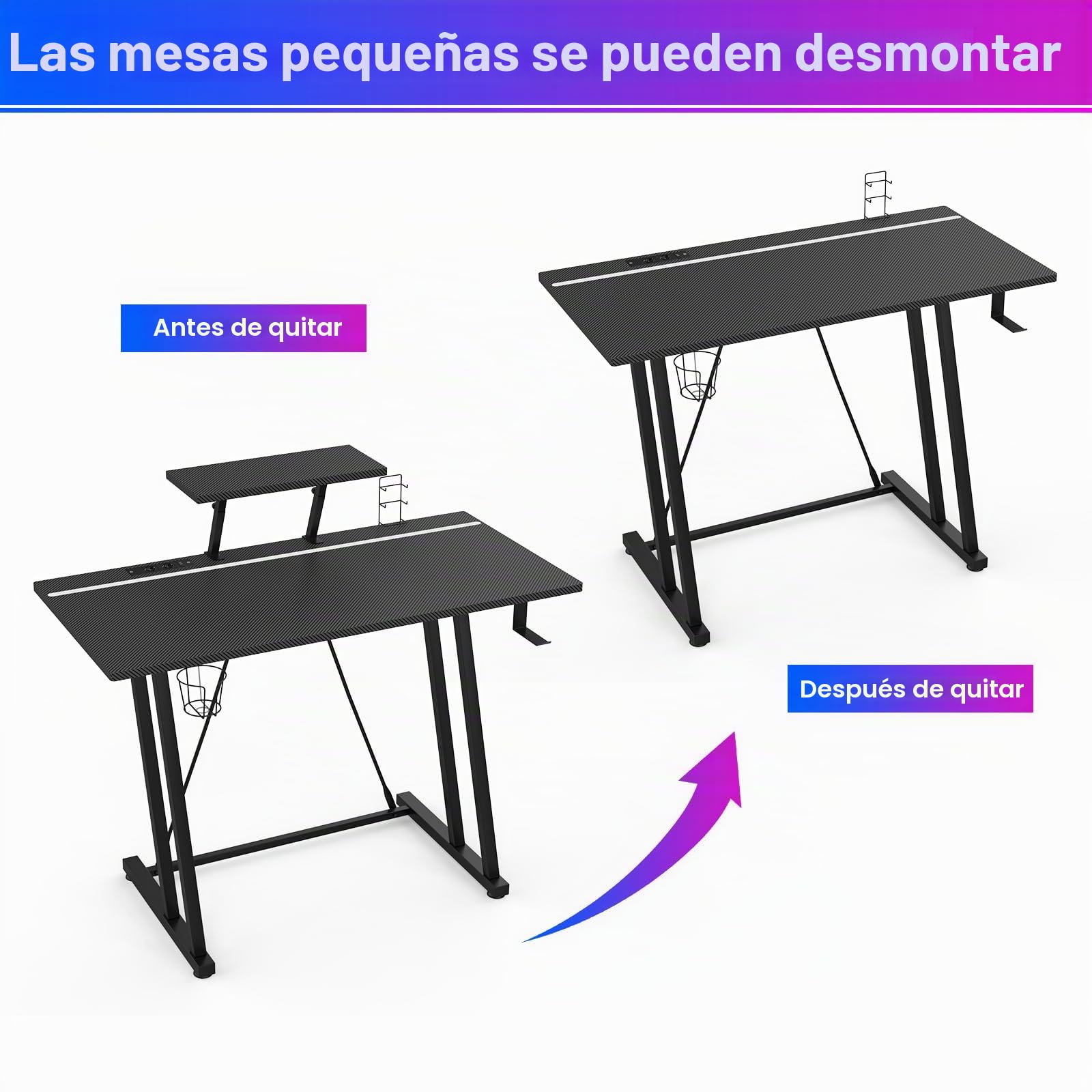 Mesa Gaming LED 100x50 cm, Escritorio Gaming con Tomas de Corriente y Luces LED