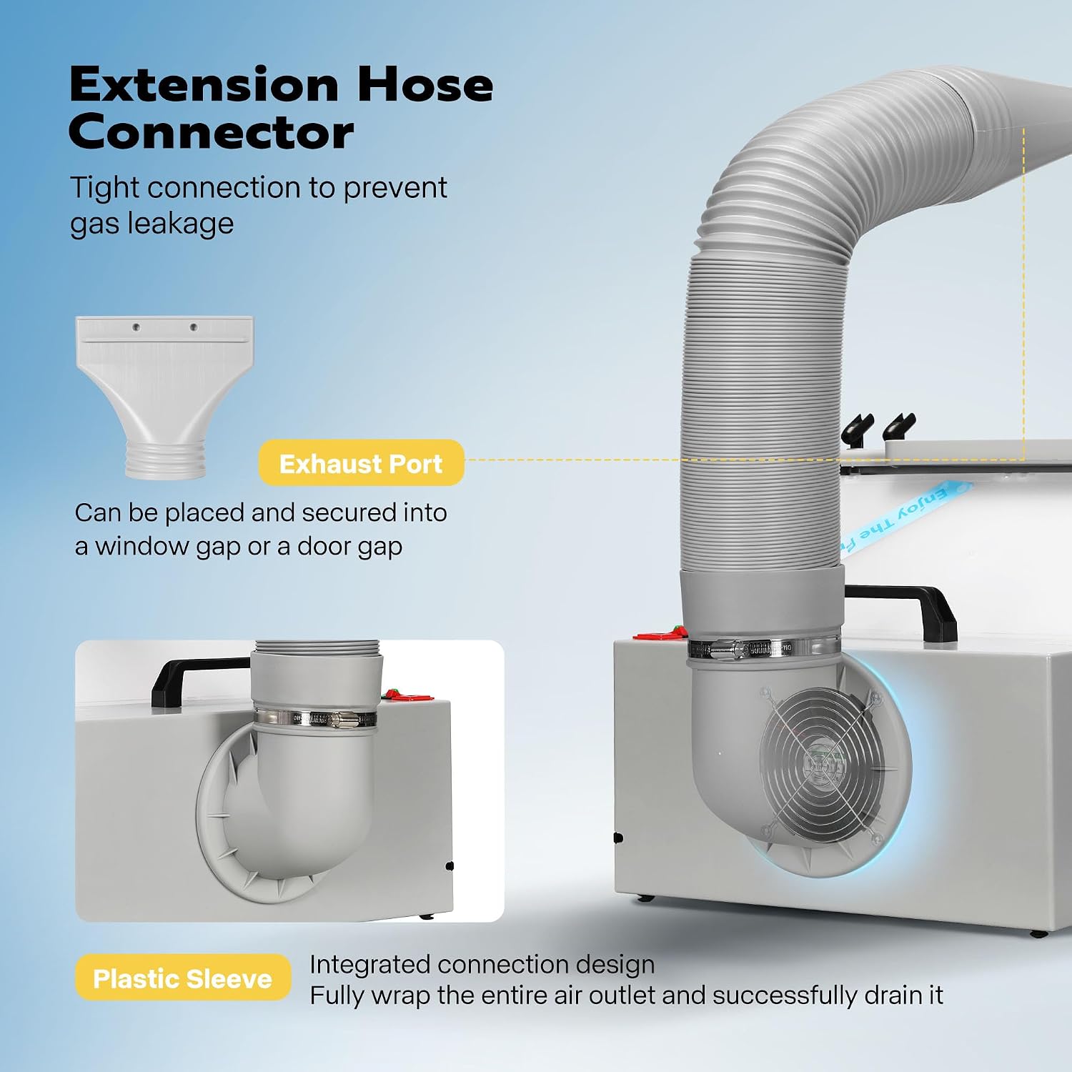 Close-up of the extension hose connector and exhaust port on the spray booth, showing how to secure the hose.