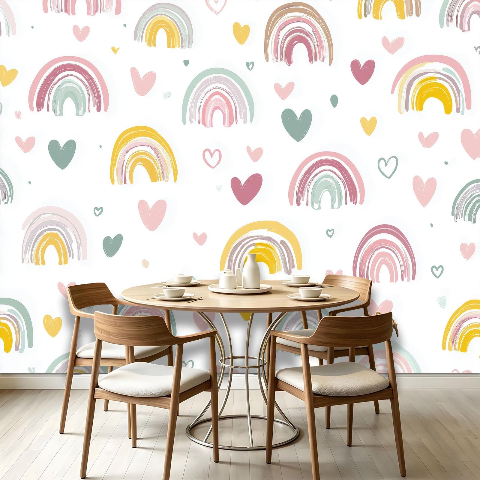 WTD - Papel pintado fotográfico (fieltro, 350 x 256 cm), diseño de corazones, diseño de arcoíris, color blanco