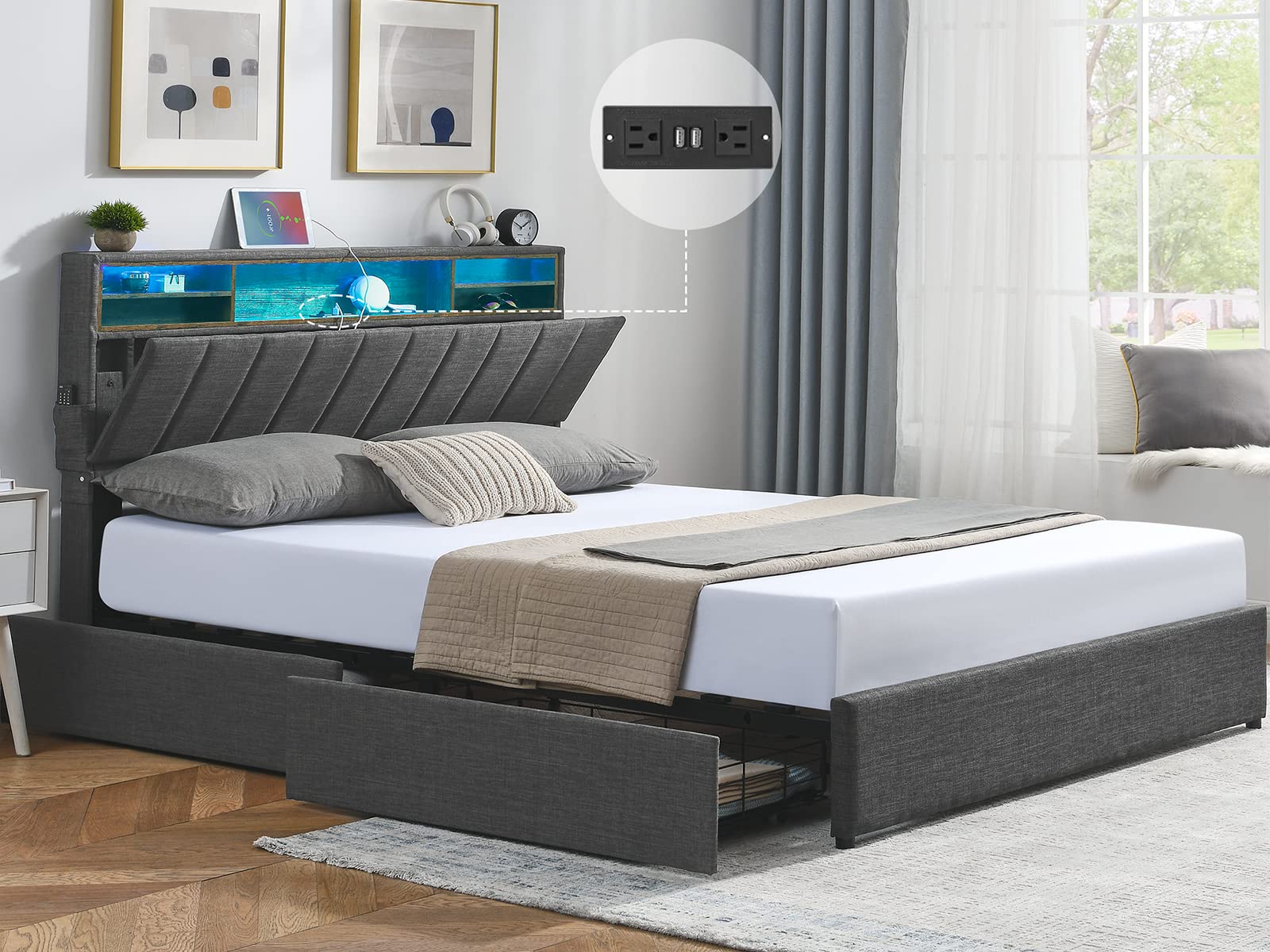 Queen Bed Frame with Tall Bookcase Headboard and Charging Station, LED Bed Frame with 2 Storage Drawers, Upholstered Mattress Foundation with Wooden Slats Support, No Box Spring Needed,Dark Grey (Size Unknown)