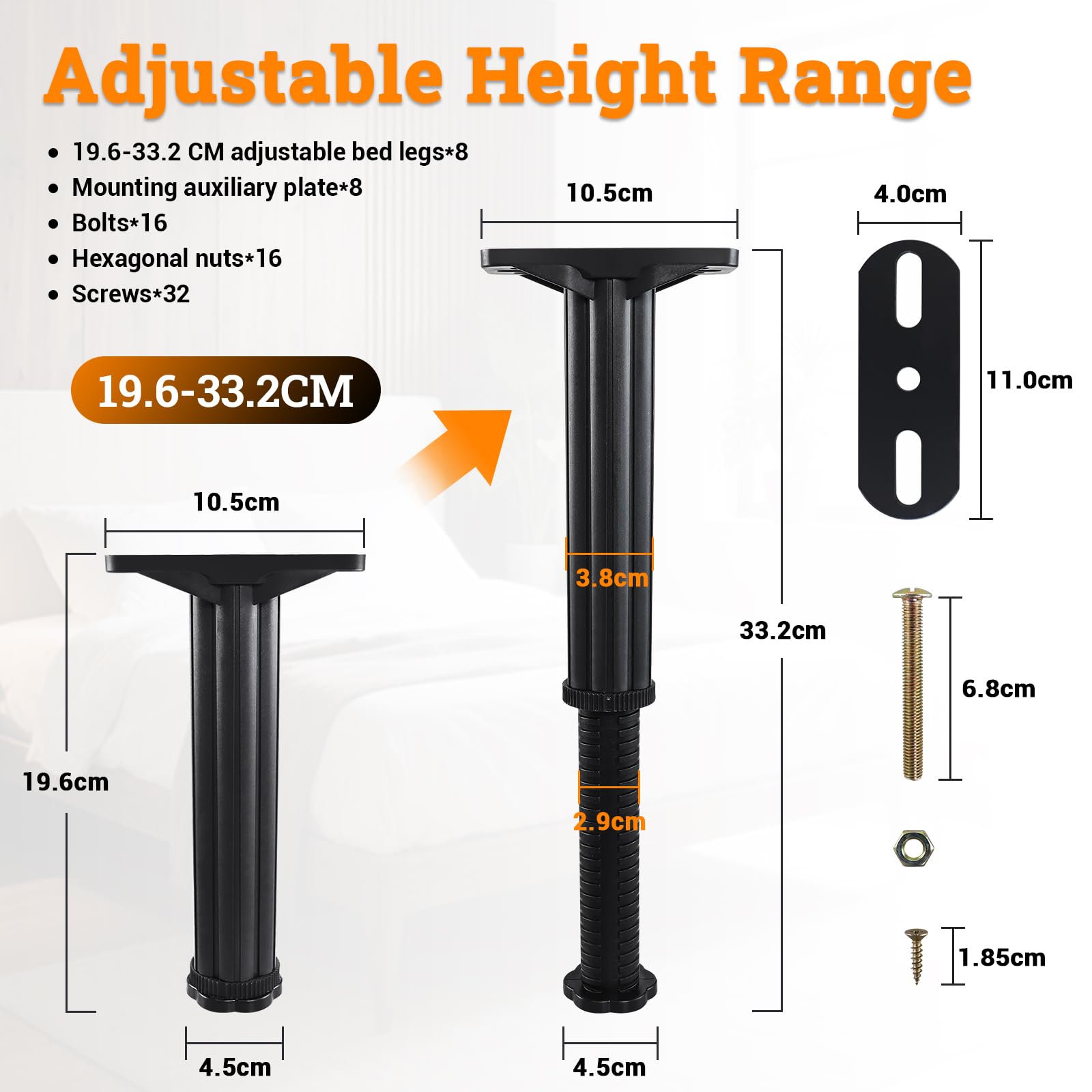 LOSCHEN 8 piedini regolabili in altezza 19,6 – 33,2 cm, piedini di supporto centrali altamente resistenti per letti, doghe e mobili, piedini di ricambio per stabilizzazione