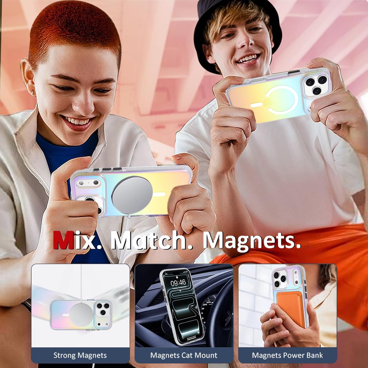 AIGOMARA Magnetic Case for iPhone 17 Pro Max [Compatible with Magsafe] [Fluorescent Holographic Iridescent] Slim Shockproof Matte Back Protective Phone Cover for Women Girls 6.9 Inch