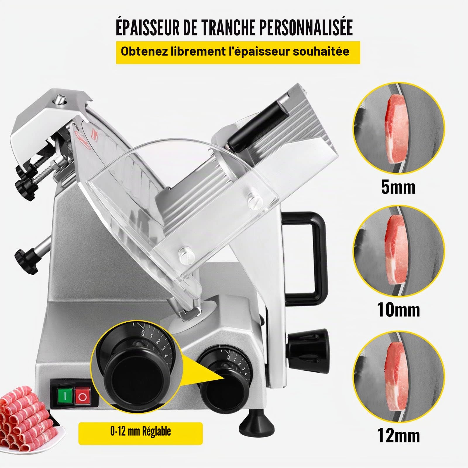 VEVOR Trancheuse Électrique 1200 tr/min Trancheuse à Jambon 48 x 43 x 35 cm Trancheuse à Viande 0-12 mm Bouton de Réglage d'Épaisseur Domestique et Commercial Parfait pour Trancher Divers Aliments