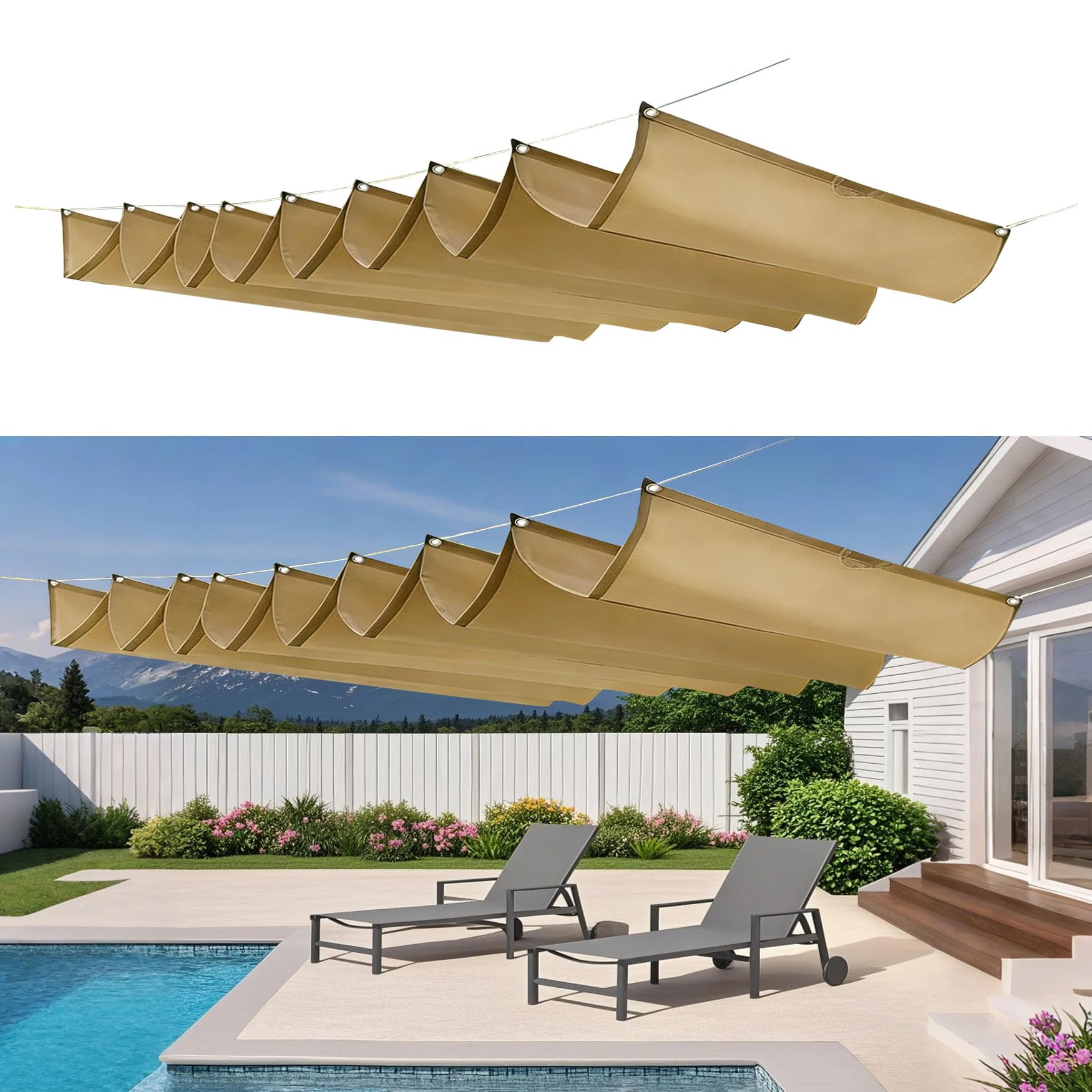 Voile d'ombrage vague rétractable 2x8.8m kaki pour pergola
