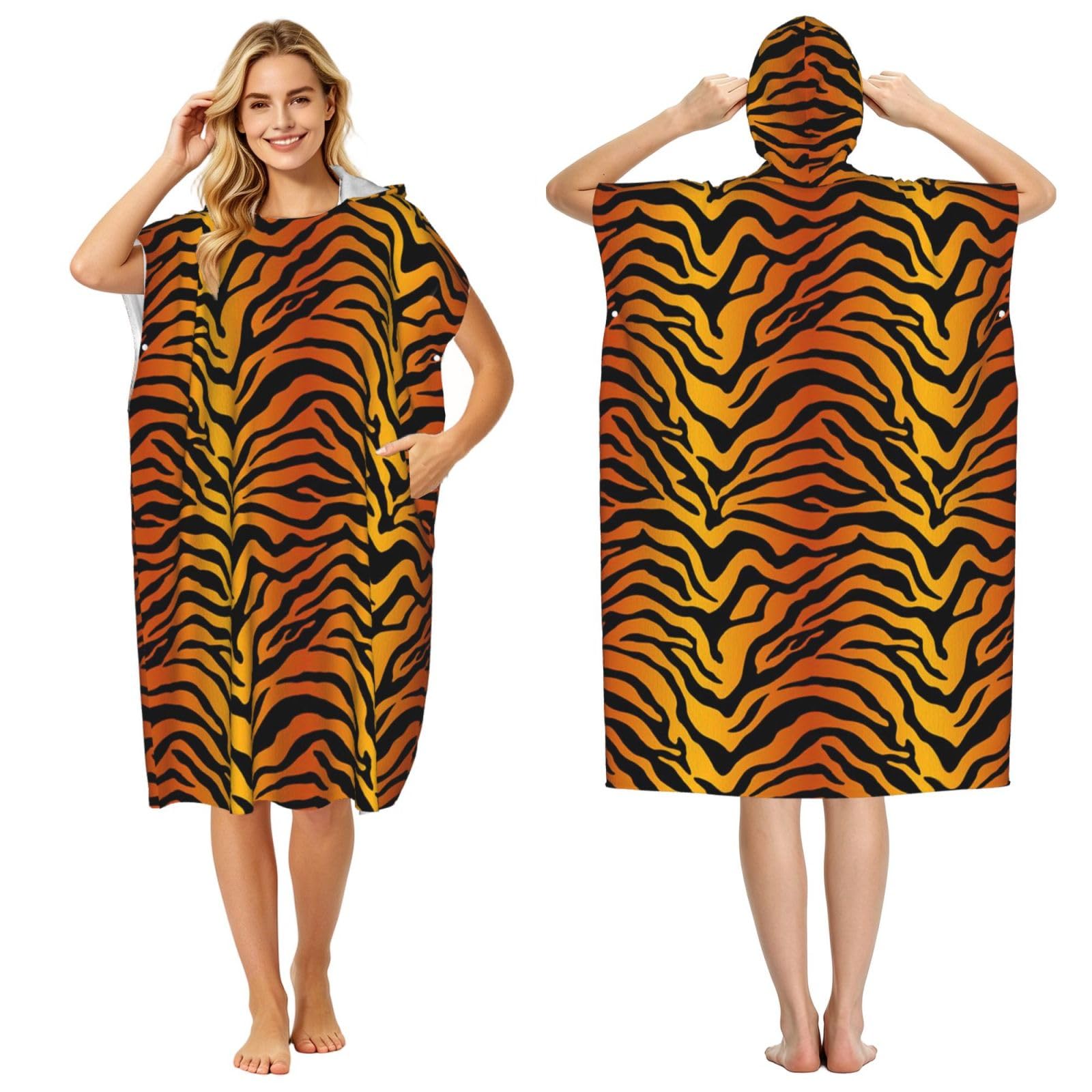 Poadnly Tiger Prints, Adult Hooded Beach Towel 90 x 110 cm,Changing Bath Robe, Surf Poncho Towel For Women Men