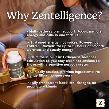 Zen Principle ZentelligenceTM Focus Nootropic Supplement for Students & Professionals | Energy, Memory & Stress Support | Jitter-Free Formula with L-Theanine, Ginkgo Biloba, Huperzine A. 90 Capsules