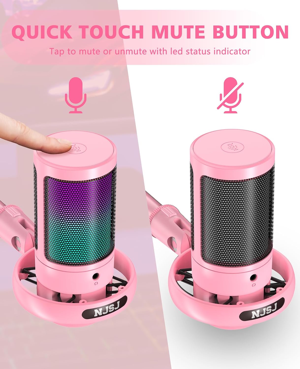 Image showing the quick touch mute button on top of the NJSJ Gaming Microphone, with visual indicators for muted and unmuted states.
