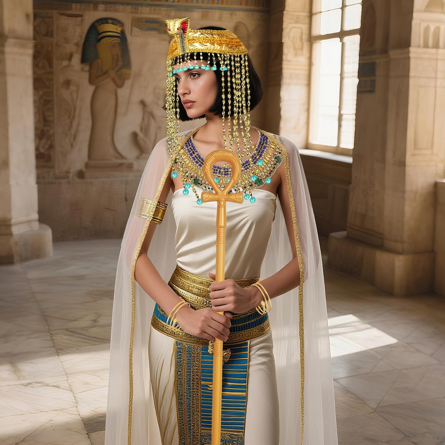 7 Pcs Cleopatra Accessories for Women Halloween Egyptian Costume Accessories with Cleopatra Collar Necklace Egyptian Crown Scepter Snake Bracelets Earrings Egyptian Headpiece for Women - Image 2