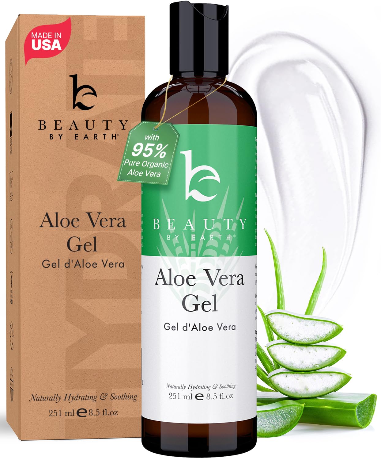 Aloe Vera Gel - USA Made with Natural & Organic Ingredients, Pure Aloe Vera Plant Gel for Face Mask, Hair & Skin with Vitamin C & E, Soothing and Cooling for Sunburn & After Sun Care