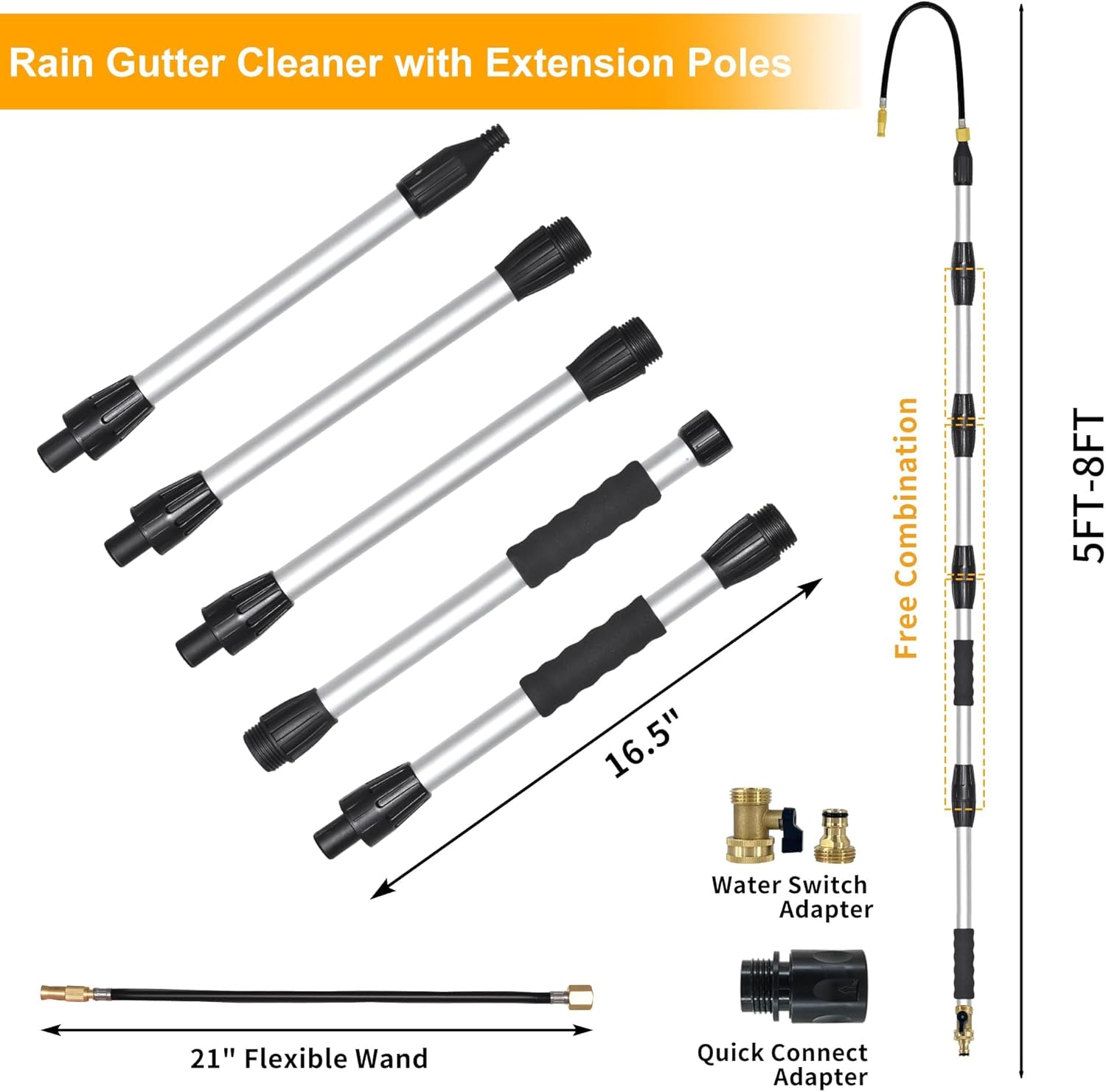 Buyplus Gutter Cleaner Tools from The Ground, Rain Gutter Cleaner Hose Attachment with Extension Poles Up to 8FT, Bendable Gutters Wand | 5 Spray Patterns, Perfect for Garden Hose
