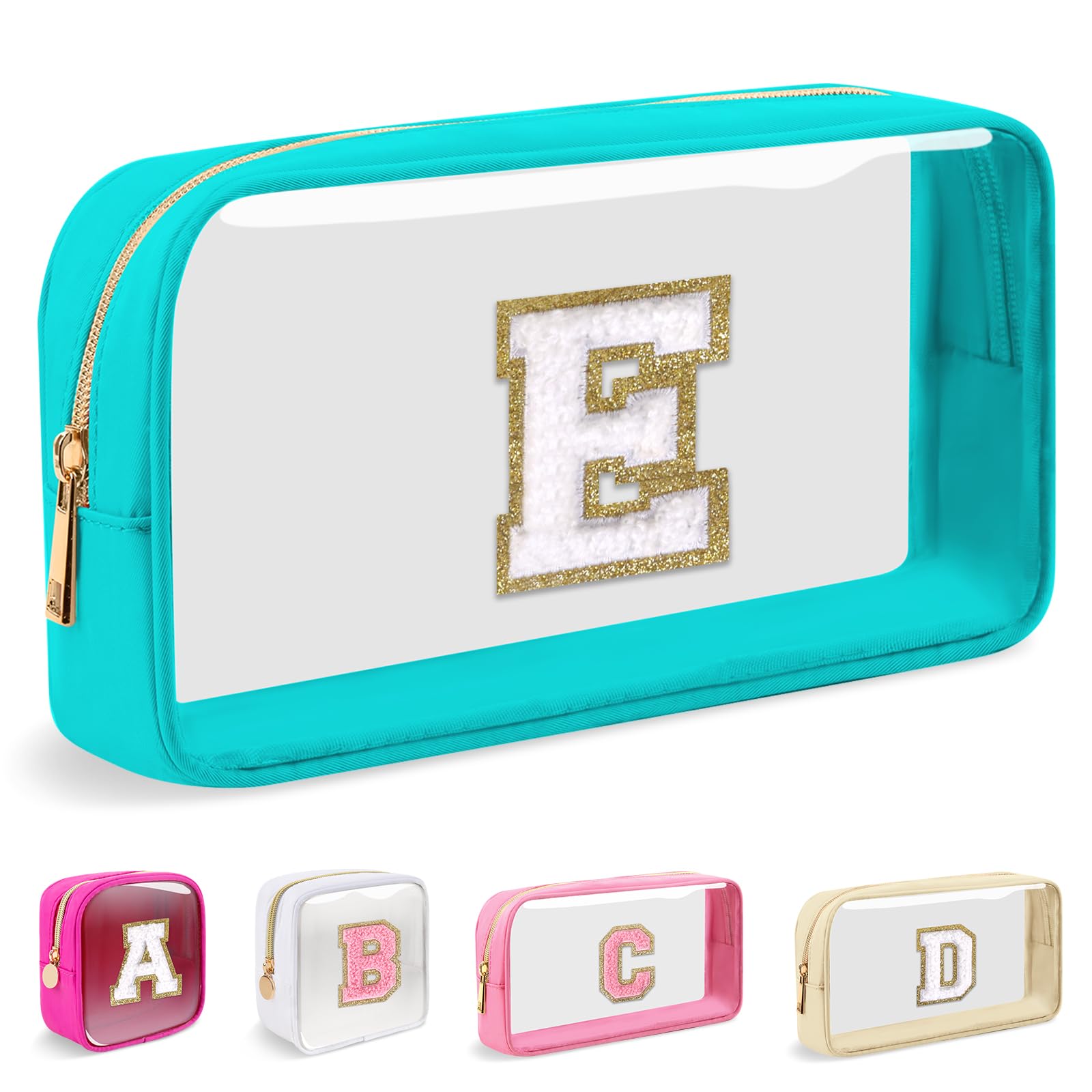 Small Clear Personalized Initial Makeup Bag,Nylon Preppy A-Z Chenille Letter Patch Cosmetic Pouch Beach Toiletry Bag,Waterproof Zipper Travel Purse
