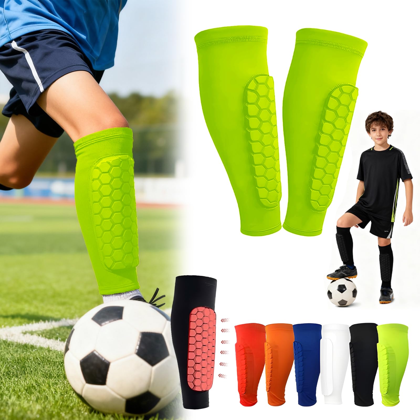 Football Shin Pads Guards for Boys Girls, Shin Guards for Defender Honeycomb Compression Sleeve for Superior Impact Absorption, Elastic Breathable Knit, Lightweight Comfortable Fit Soccer