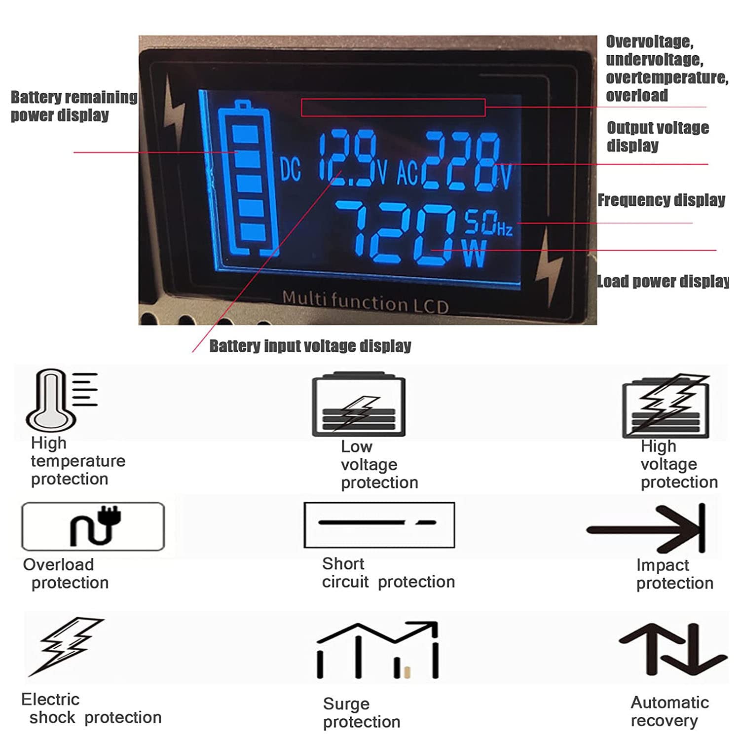 Inversor de Onda sinusoidal Pura 5000w 6000w con Enchufe Universal, convertidor de Voltaje para Autocaravana 12v/24v/48v/60v a CA 110v/230v, para automóviles, caravanas, Camping,50
