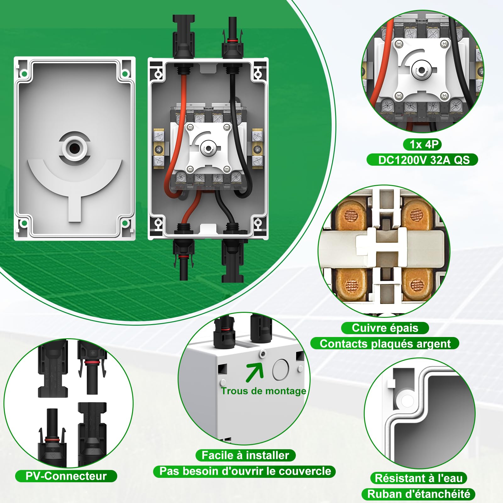 DC PV Isolateur Interrupteur Sectionneur 32A 1200V Disjoncteur Solaire Photovoltaïque IP66 étanche de déconnexion Boîte délectricité Pour Système Solaire Photovoltaïque